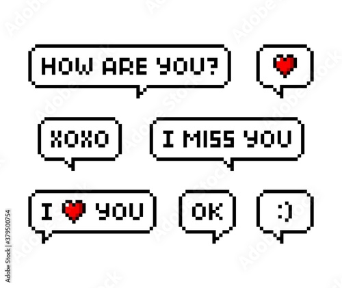Pixel art 8-bit Love phrases set with speech bubble. I love you, miss you, xoxo, smile, kiss. Relationship - isolated vector illustration