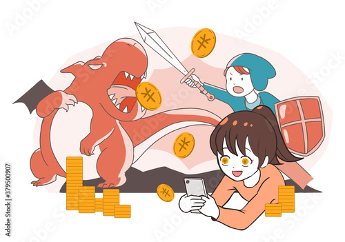 スマホゲームで課金をする女の子　目がお金　RPG系