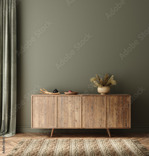 Commode with decor in living room interior, dark green wall mock up background, 3D render © artjafara
