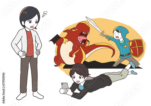 スマホゲームで遊ぶ男の子　呆れる母親