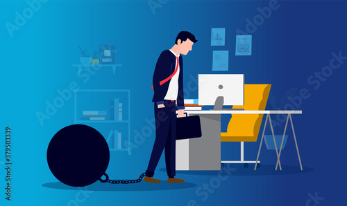 Work depression - Man having a hard time arriving at work, entering darkness with chain on foot. Burnout, depressed and lack of enthusiasm concept. Vector illustration.