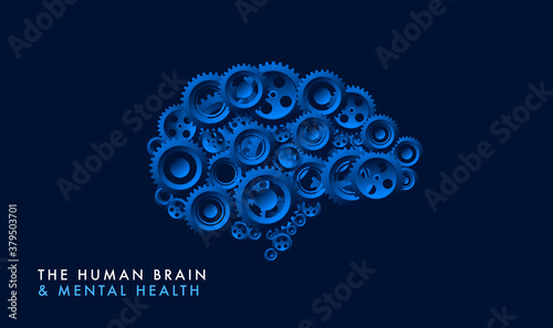 Complex human brain machine put together by cogwheels. Brain function, thinking, thoughts and mental health concept. Vector illustration.