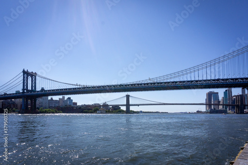 New York NY   USA - September 19 2020  Two Bridges  Brooklyn Bridge and Manhattan Bridge over East River in downtown Manhattan  seaport district.