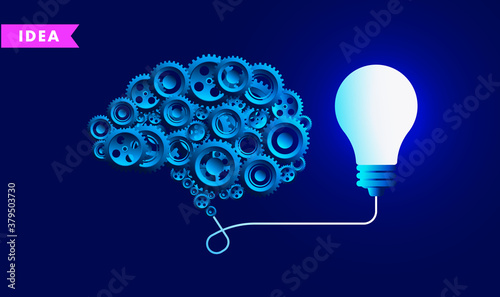 Idea brain - Human brain containing gears connected to lightbulb. Thinking hard, brainstorming, coming up with ideas, and the power of creativity concept. Vector illustration.