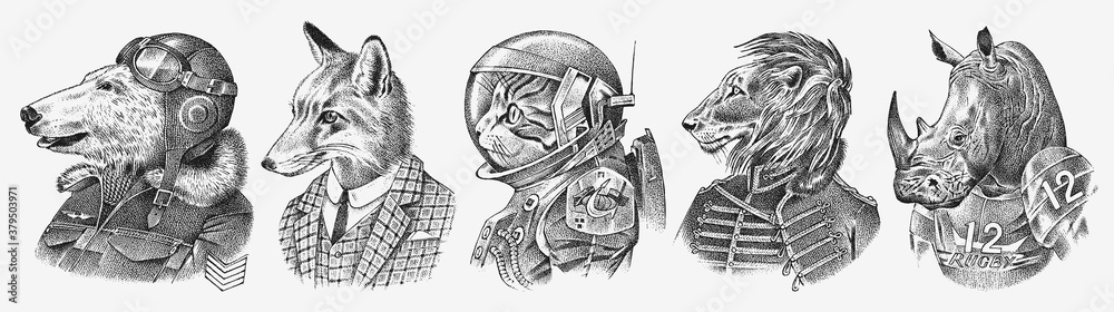 © artbalitskiy - Fox and Rhino dressed up in Suit. Cat astronaut or Spaceman. Lion and Polar bear. Fashion Animal characters set. Hand drawn sketch. Vector engraved illustration for label, logo and T-shirts or tattoo.