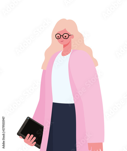 blond woman with tablet working vector design