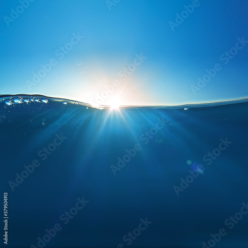 Sky and Sea Water divided by waterline. Ocean aquatic nature design. Tropical shining waters