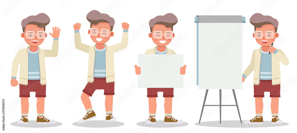Set of kid boy character vector design. Presentation in various action with emotions.