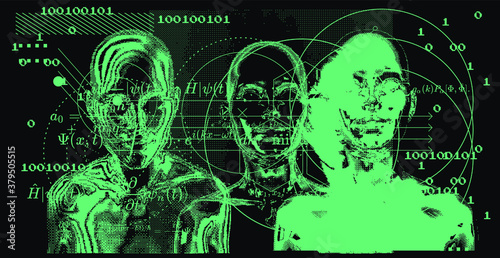 Glitchy bifurcated human silhouette made of pixels. Conceptual illustration of Cyber and Internet Security, Anonymous hacker.