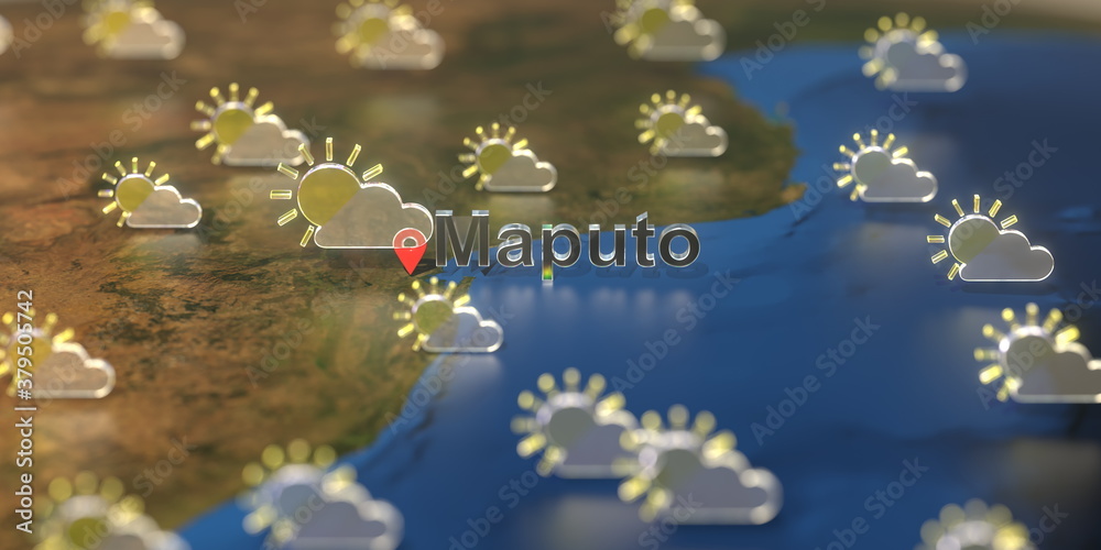 Maputo city and partly cloudy weather icon on the map, weather forecast related 3D rendering Maputo city and partly cloudy weather icon on the map, weather forecast related 3D rendering