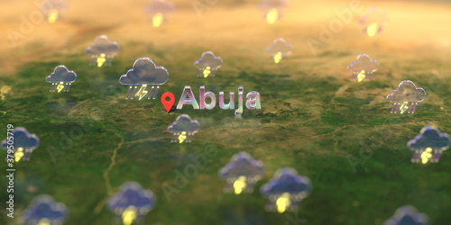 Abuja city and stormy weather icon on the map, weather forecast related 3D rendering © Alexey Novikov