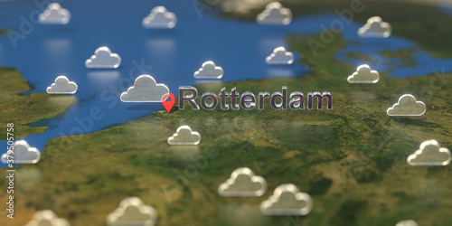 Rotterdam city and cloudy weather icon on the map, weather forecast related 3D rendering