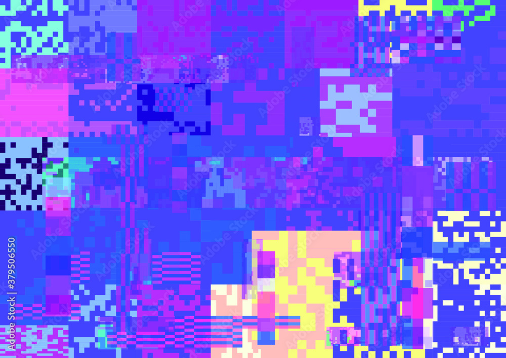 Glitch datamoshing camera effect. Retro VHS pink background like in old video tape rewind or no signal TV screen. Vaporwave and retrowave style vector illustration.