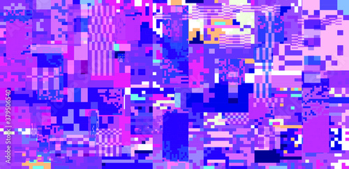 Glitch datamoshing camera effect. Retro VHS pink background like in old video tape rewind or no signal TV screen. Vaporwave and retrowave style vector illustration.