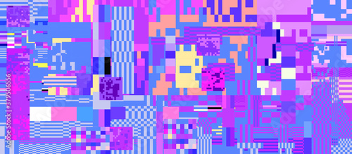 Glitch datamoshing camera effect. Retro VHS pink background like in old video tape rewind or no signal TV screen. Vaporwave and retrowave style vector illustration.