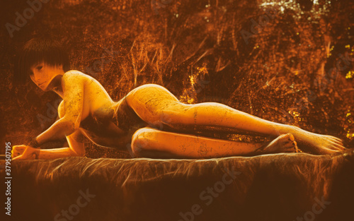 fantasy surreal young demon woman waking up on top of a ancient stone altar with soft focus background  photo