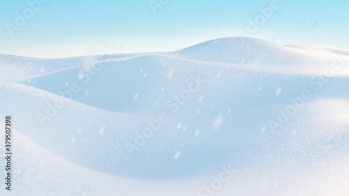 Snow hills landscape. Snowdrift with falling snowflakes illustration. Winter background. 3D render image. © Vitaly