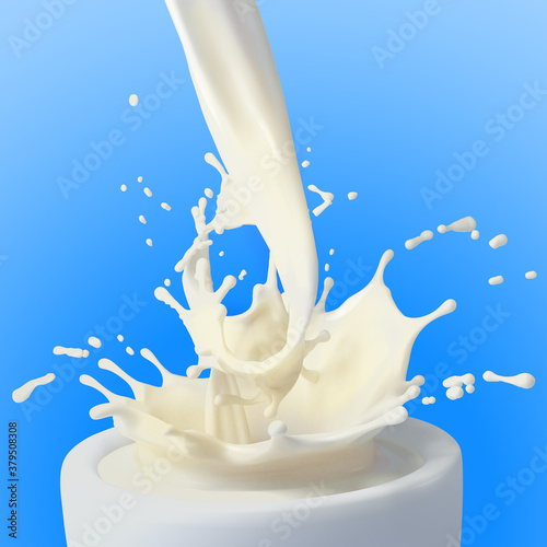 splash of white fat milk in round cup on light blue background