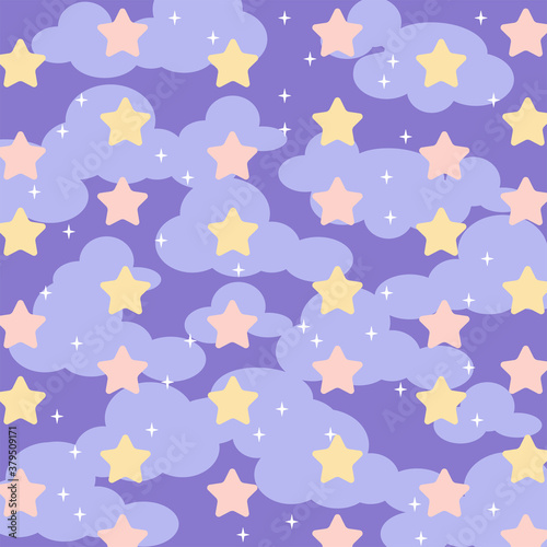  Starry sky. Purple background with yellow and pink stars. Seamless pattern