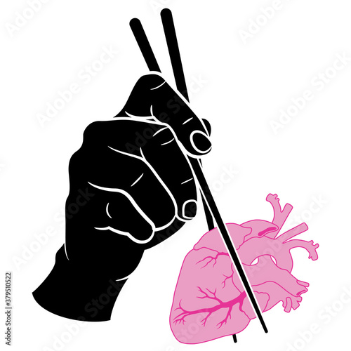 Human hand holding human heart with chopsticks. Monochrome silhouette. Creative concept.