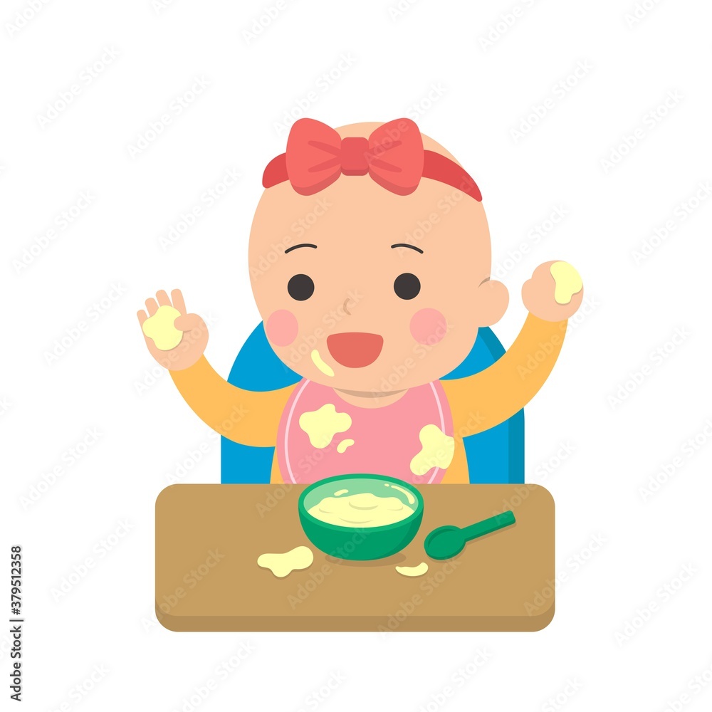 Cute baby eating, dirty, daily life, cartoon vector illustration, set, isolated