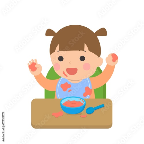 Cute baby eating, dirty, daily life, cartoon vector illustration, set, isolated