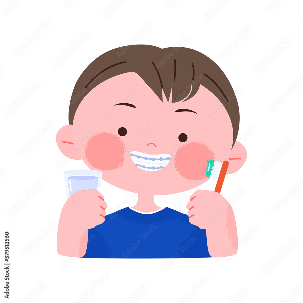 Happy smiling little boy with dental braces holding Toothbrush. Hand drawn cute cartoon character portrait vector illustration