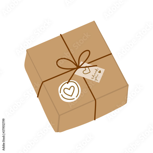 gift box with ribbon. Package delivery box and Eco friendly gift packaging with thank you card and hemp rope. Hand drawn flat vector illustration. Thanksgiving concept