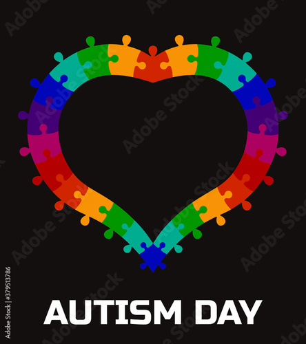 Autism Awareness Day. Heart puzzle border concept colorful vector on black background