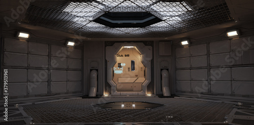 Futuristic back drop sci fi corridor room with lighted accents. 3d rendering. photo
