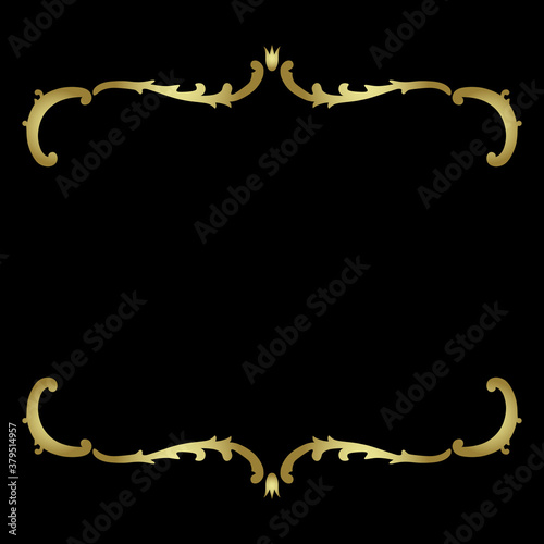 Vintage frame with floral baroque motifs. Gold silhouettes on black background.