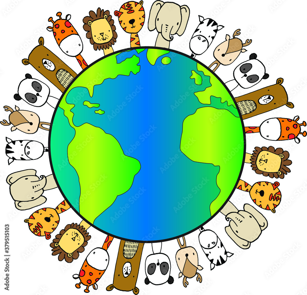 Naklejka premium vector cartoon zoo animals on earth