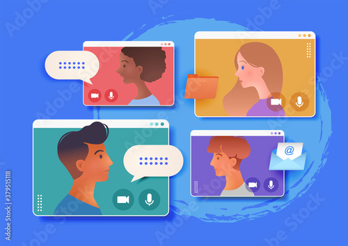 Video conference call of group meeting using laptop computer chatting with colleagues online. Remote Work, Online webinar, Technology concept vector illustration.