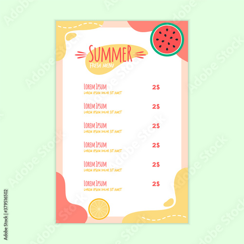 Summer Fresh Menu Template with Watermelon and Orange Fruit