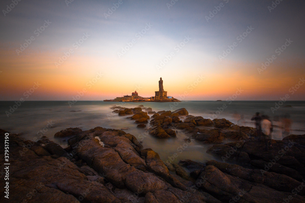 Vivekanandar Rock and Thiruvalluvar Statute during sunrise time, Kanyakumari,tamilnadu