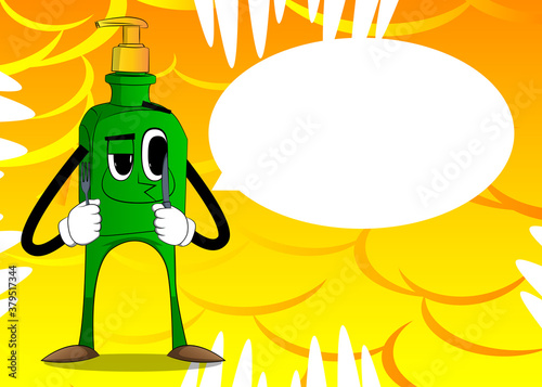 Cartoon bottle of hand sanitizer gel for hygiene with face holding up a knife and fork.
