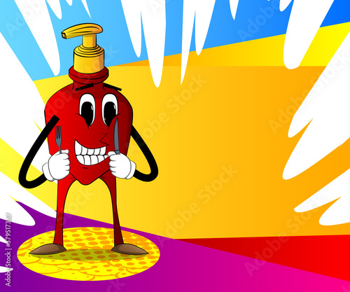 Cartoon bottle of hand sanitizer gel for hygiene with face holding up a knife and fork.
