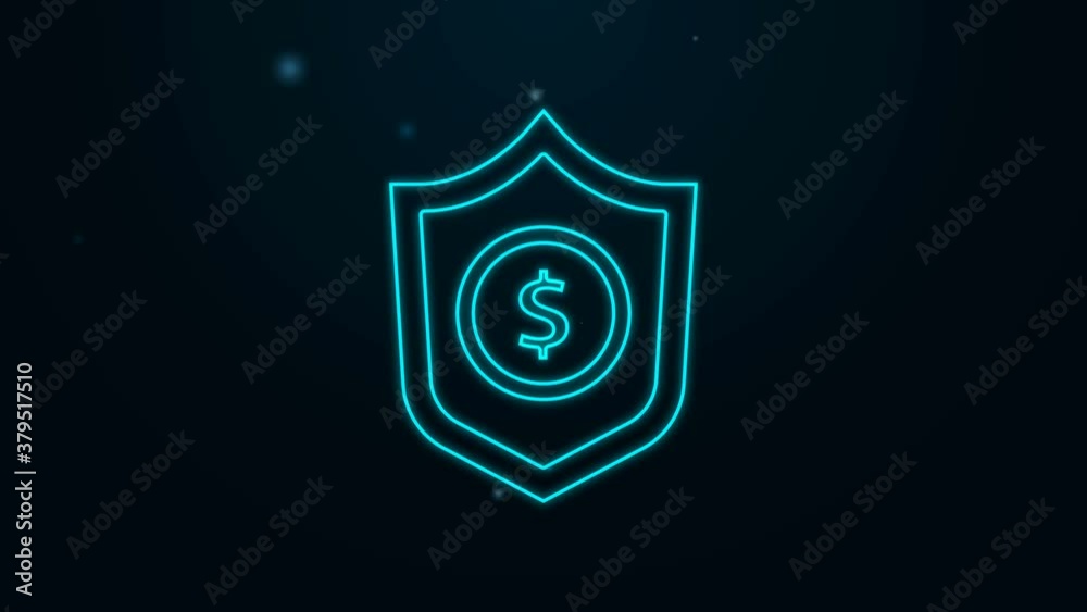 Glowing neon line Shield with dollar symbol icon isolated on black background. Security shield protection. Money security concept. 4K Video motion graphic animation