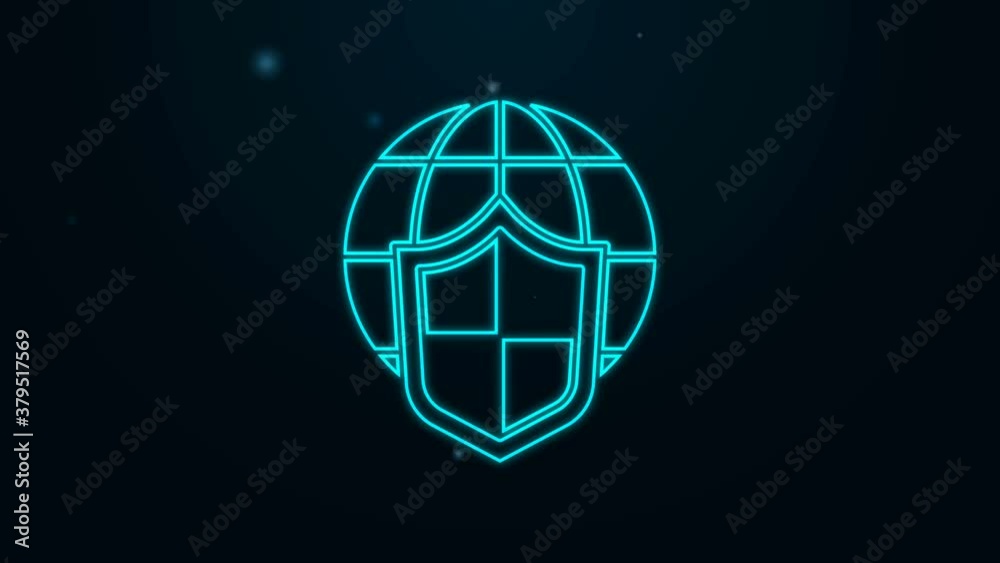 Glowing neon line Shield with world globe icon isolated on black background. Insurance concept. Security, safety, protection, privacy concept. 4K Video motion graphic animation Glowing neon line Shield with world globe icon isolated on black background. Insurance concept. Security, safety, protection, privacy concept. 4K Video motion graphic animation