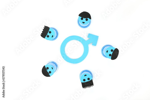 Canvas Print Blue male symbol with a group of men character flat lay in white background
