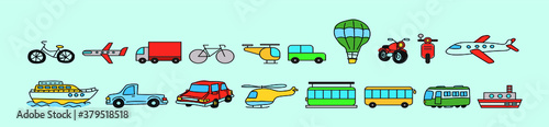set of publick transportation cartoon icon design template with various models. bike, airplane and more vector illustration isolated on blue background