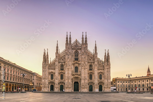 Milan Italy sunrise city skyline at Milano Duomo Cathedral empty nobody
