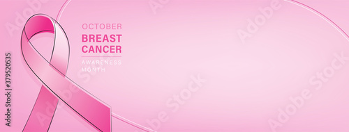Breast cancer awareness campaign banner with pink ribbon symbol on pastel pink gradient background and space for text
