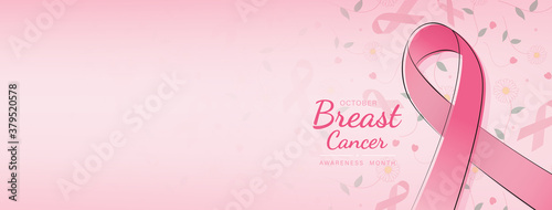 Lovely breast cancer awareness campaign banner with ribbon symbol on pink gradient  banner background and space for text