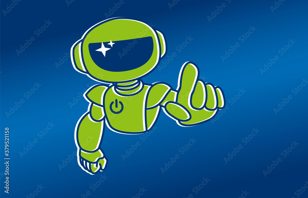 Chat bot. Robot support. Robot points a finger. Robot switch on screen. Customer support service chat bot. Chatbot helping solve a problems. Greeting moves. Vector illustration. Isolated on blue.