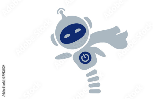 Chat bot. Robot support. Robot points a finger. Robot switch on screen. Cosmic bot flying. Customer support service chat bot. Chatbot helping solve a problems. Vector illustration. On white background