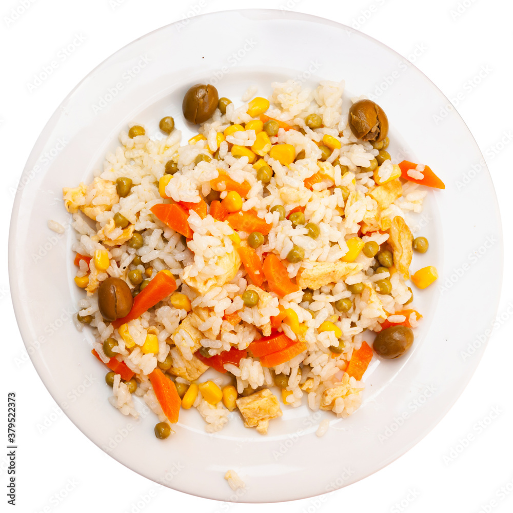 Rice salad with omelet, peas, corn, carrot and stuffed olives. Isolated over white background