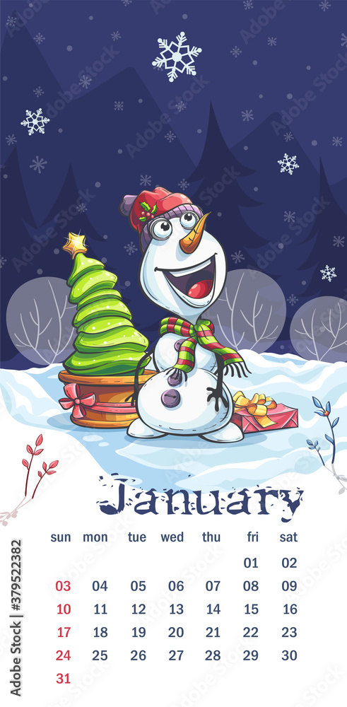 2021 Calendar January the Funny cartoon snowman image Stock Vector | Adobe  Stock