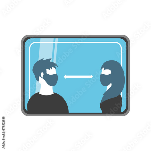 social distance of woman and man with mask in warning sign detailed style icon vector design