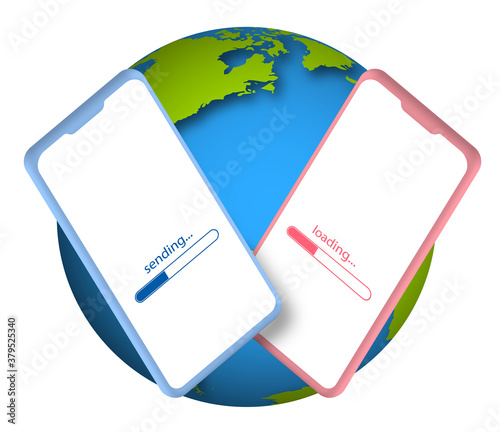 Smartphones on background of planet earth. Global communication, instant communication by mobile phone. Transfer of information in mobile network. Vector